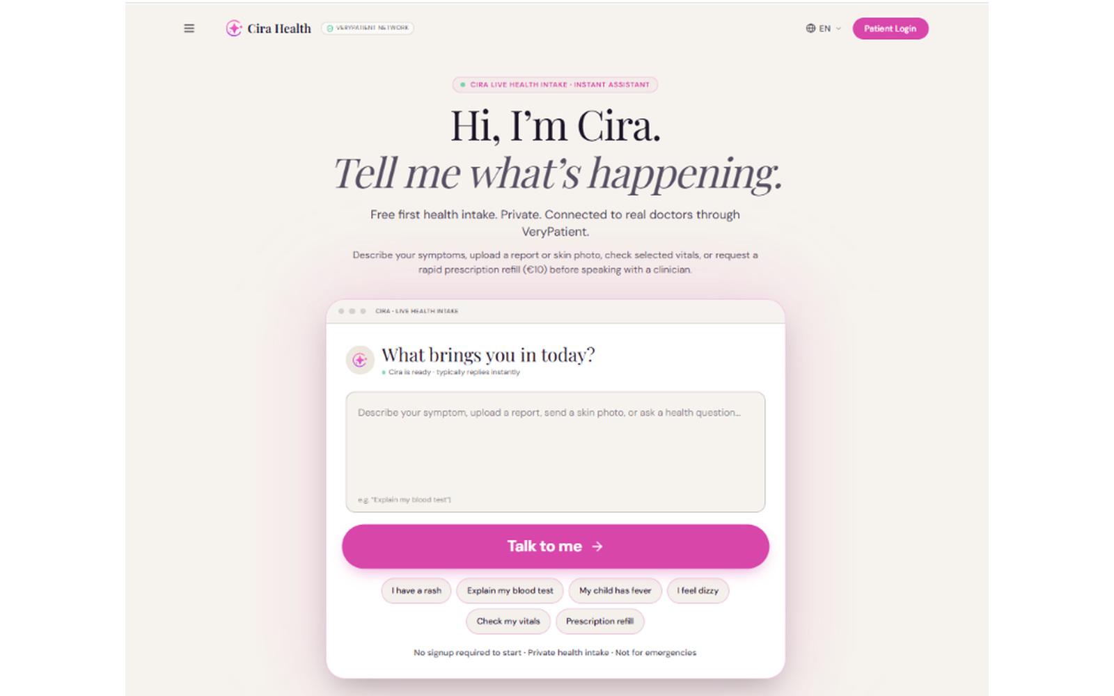 Cira & Shen.AI — Clinical Face Scan & AI Care Coordinator — EU CE-certified face vital scan (€1,500 value) + doctor-ready symptom reports.