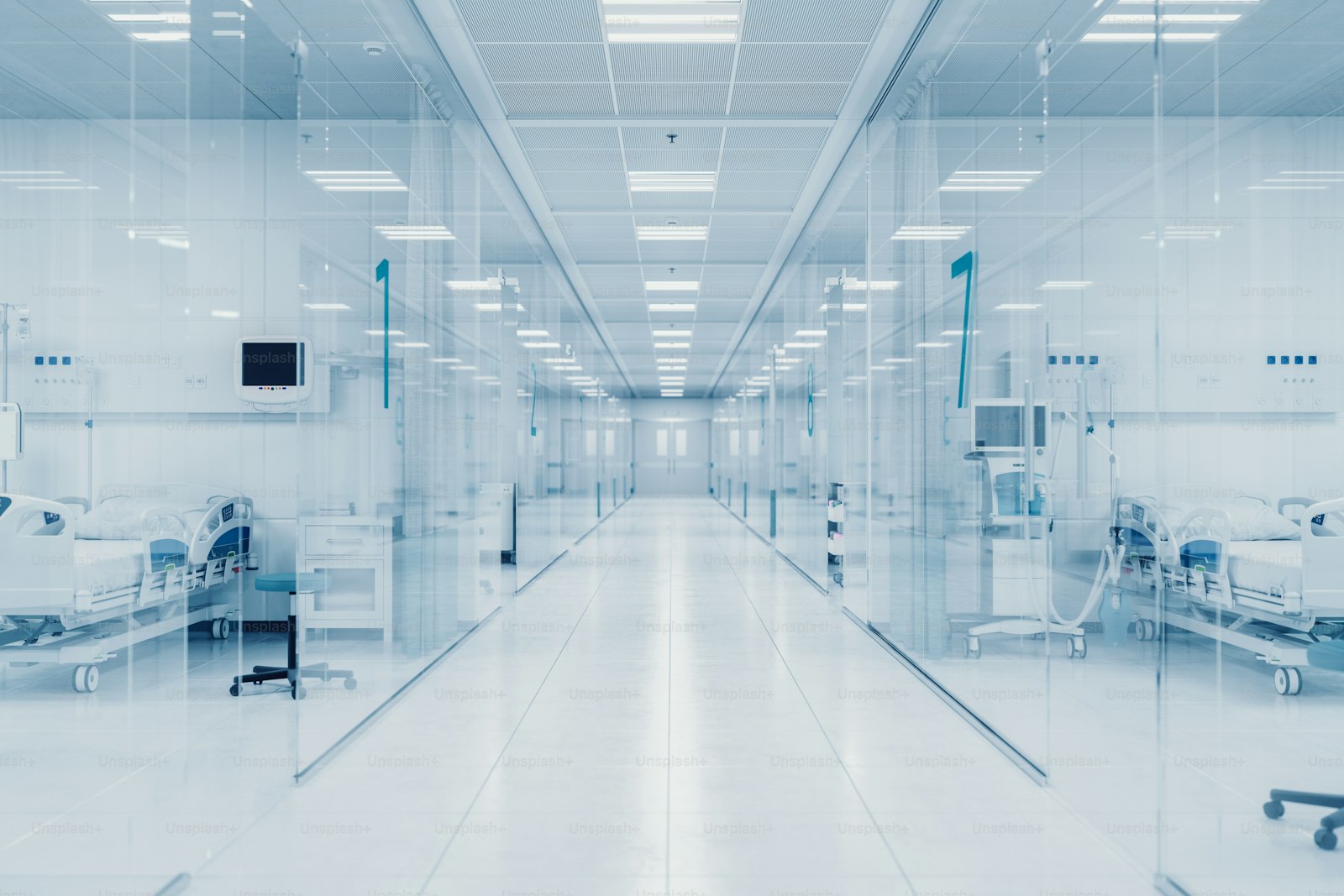 Individual isolation rooms along a modern hospital ward