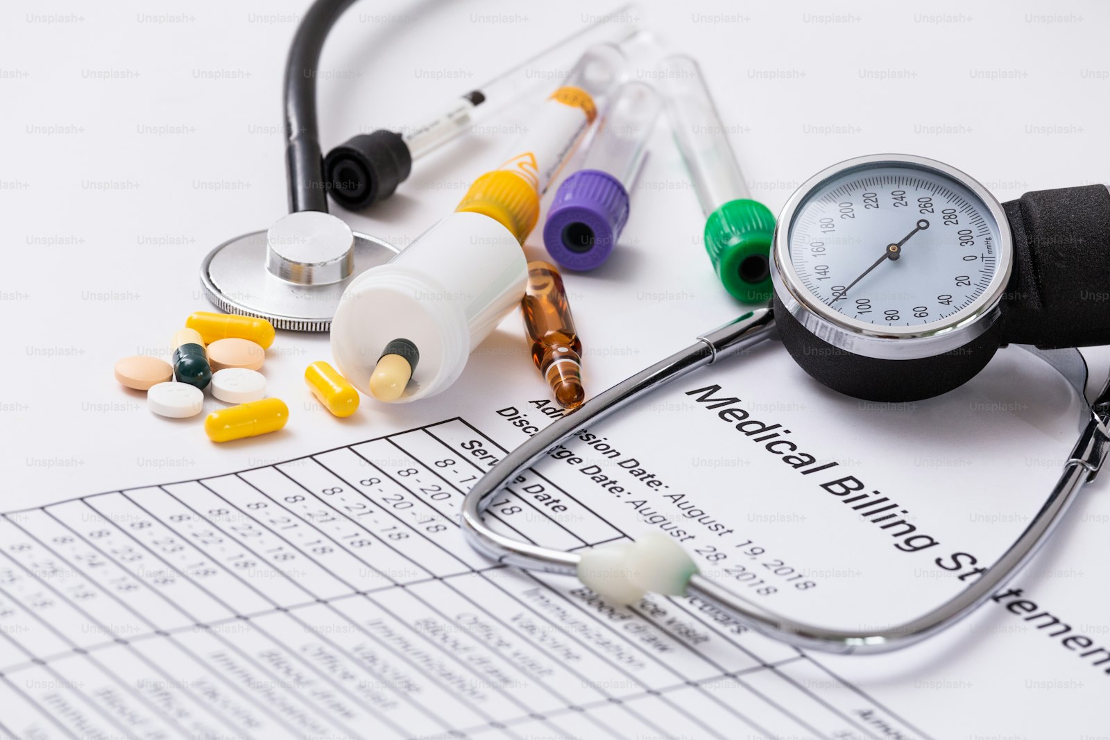 A stethoscope, pills and test tubes laid over a medical billing statement