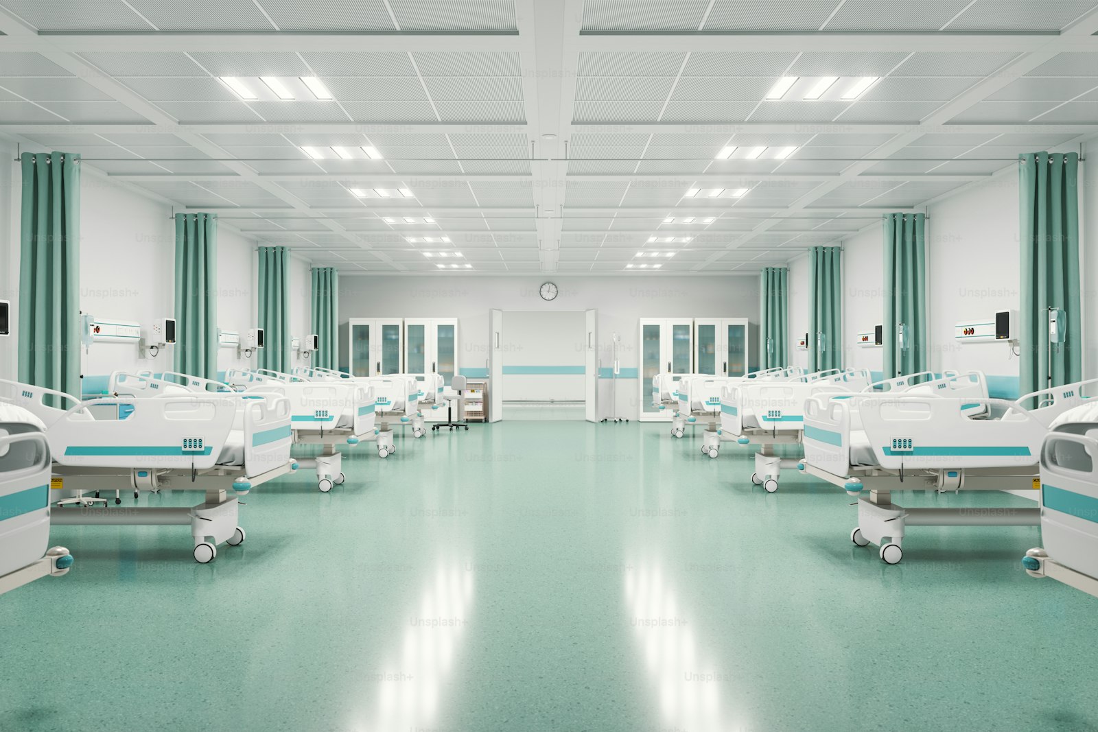 Patient beds in a modern hospital room