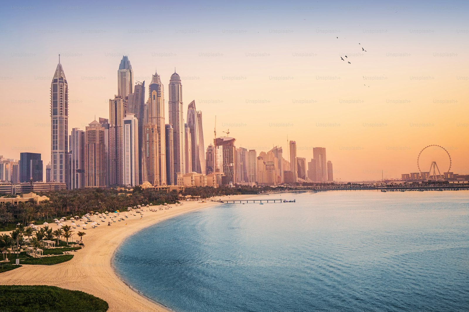 The Dubai Marina skyline of skyscrapers along the beach