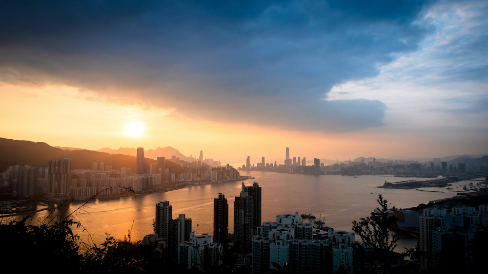 Hong Kong skyline from the hills at golden hour
