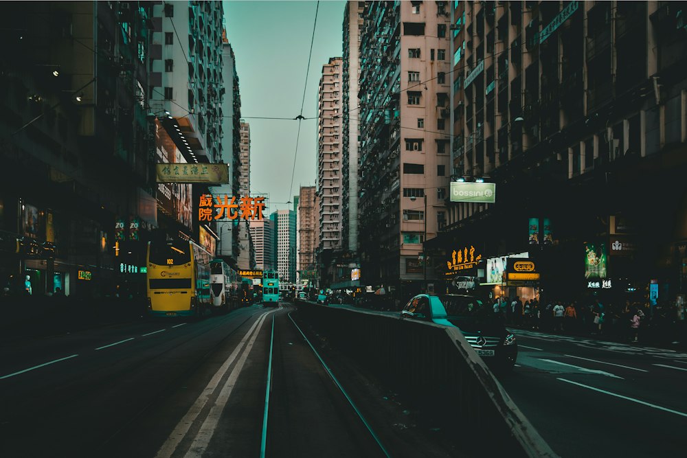 Cinematic Hong Kong street with tram tracks