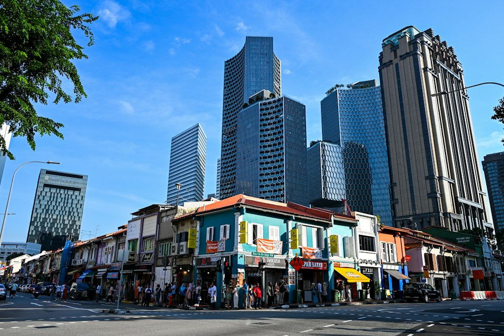 Singapore heritage shophouses and modern skyline